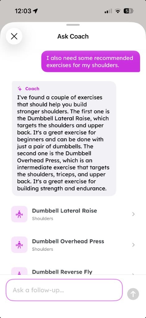 Ask Coach follow-up suggesting dumbbell shoulder exercises