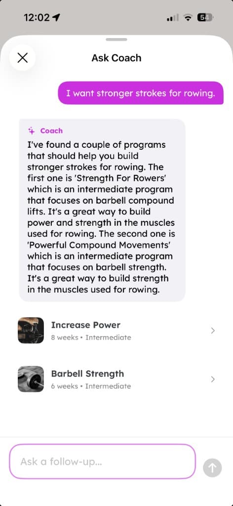 Ask Coach recommending Strength For Rowers and Barbell Strength programs