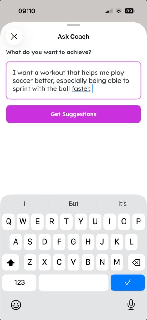 Ask Coach prompt screen with a soccer sprinting goal entered