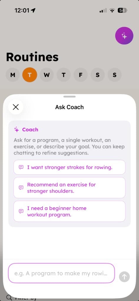 Ask Coach on the Routines screen with example prompts