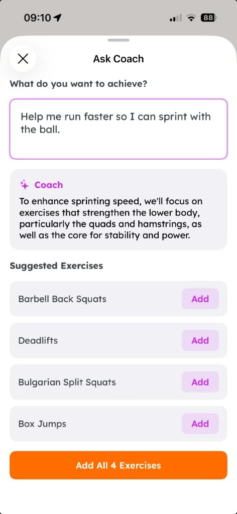 Ask Coach suggesting exercises for a sprinting goal