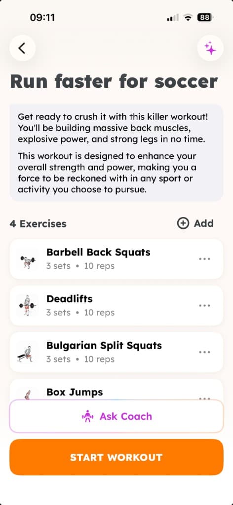 Custom workout preview titled Run faster for soccer with suggested exercises