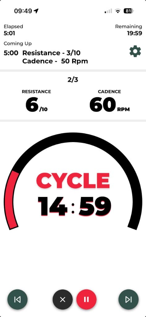 Exercise bike interval workout in progress with speed and recovery guidance
