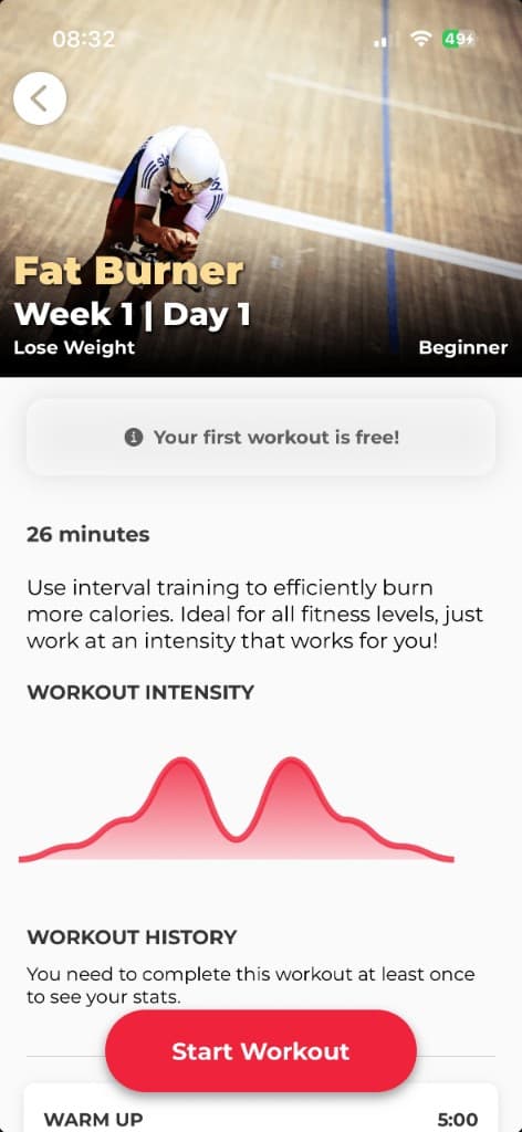 Fat Burner program workout preview for Week 1 Day 1 with intensity graph and 26 minute duration