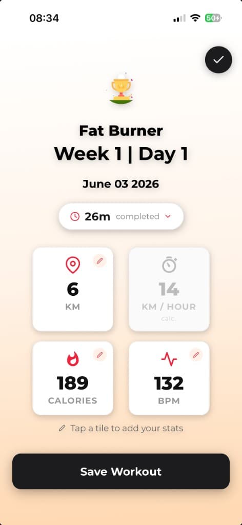 Completed Fat Burner workout summary with distance, speed, calories, and heart rate