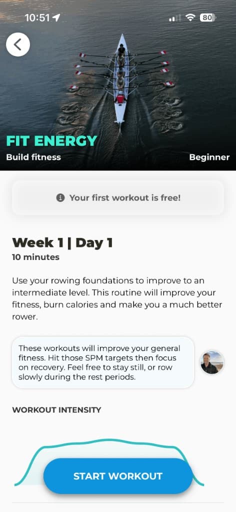 Fit Energy rowing workout preview showing Week 1 schedule and intensity graph