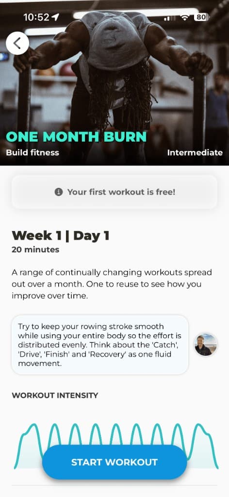Completed rowing workout summary showing distance, split, calories, and heart rate