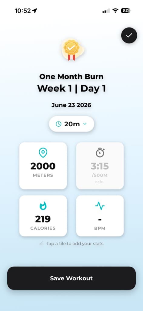 One Month Burn rowing workout preview showing Week 1 schedule and intensity graph