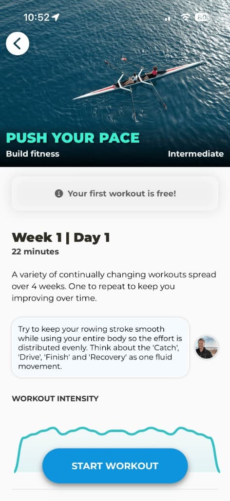 Push Your Pace rowing workout preview showing Week 1 schedule and intensity graph