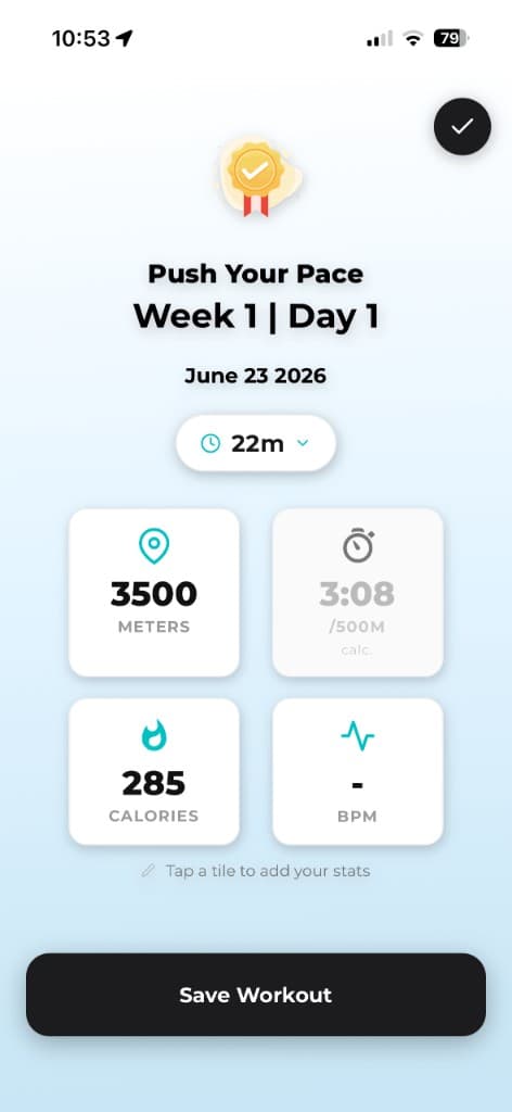 Completed rowing workout summary showing distance, split, calories, and heart rate
