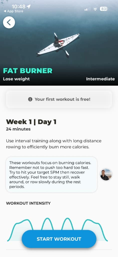 Fat Burner rowing workout preview showing Week 1 schedule and intensity graph