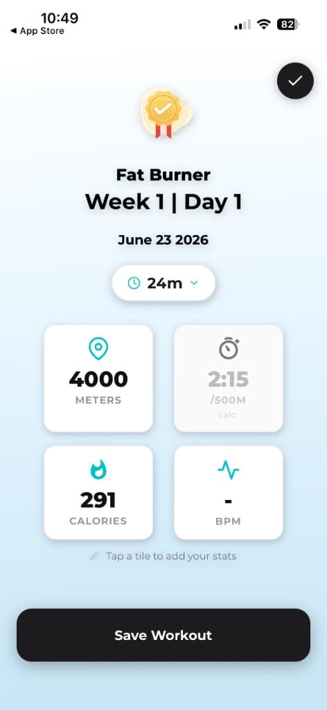 Completed rowing workout summary showing distance, split, calories, and heart rate