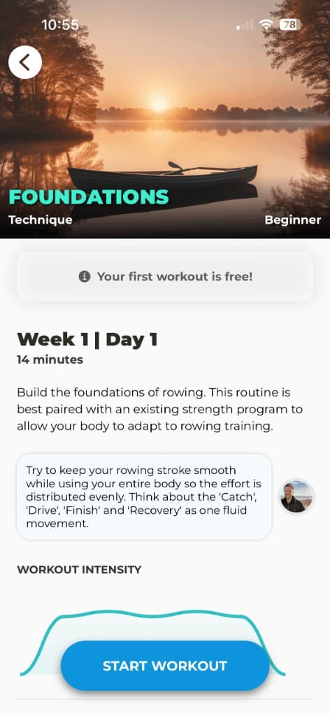 Foundations rowing workout preview showing Week 1 schedule and intensity graph