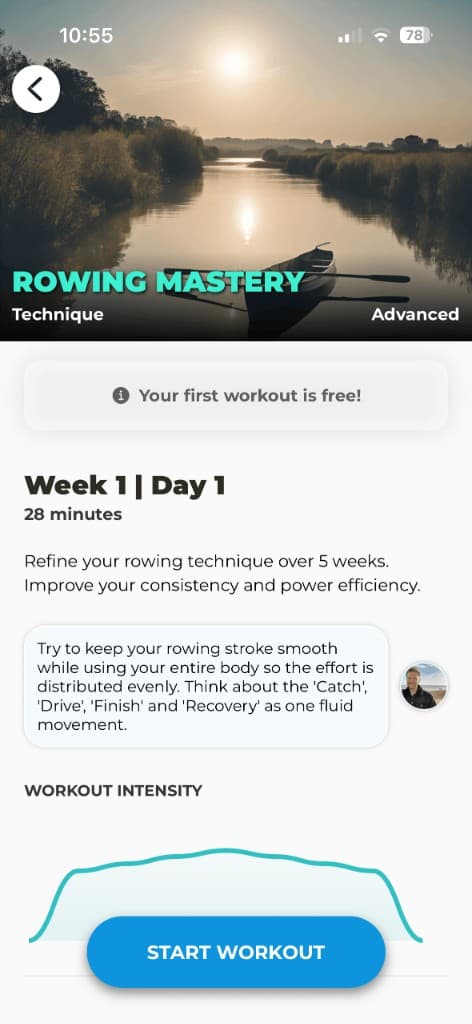 Rowing Mastery rowing workout preview showing Week 1 schedule and intensity graph