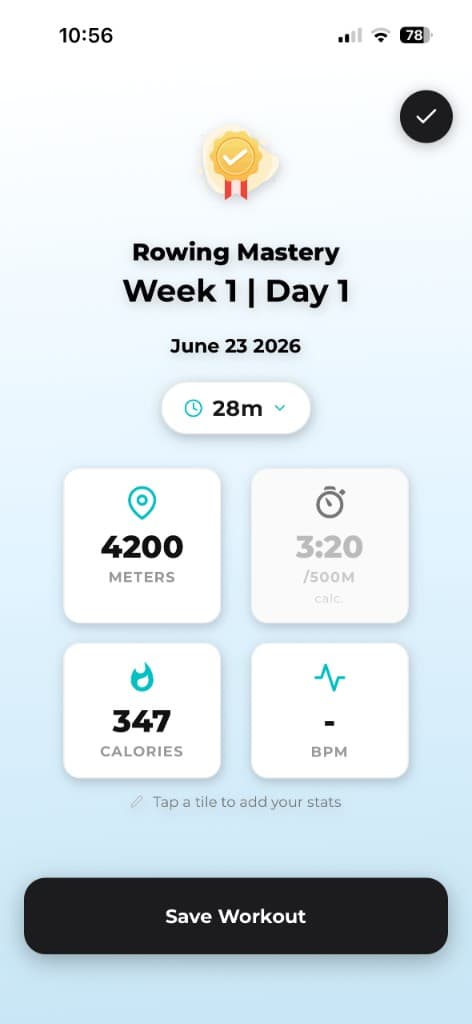 Completed rowing workout summary showing distance, split, calories, and heart rate