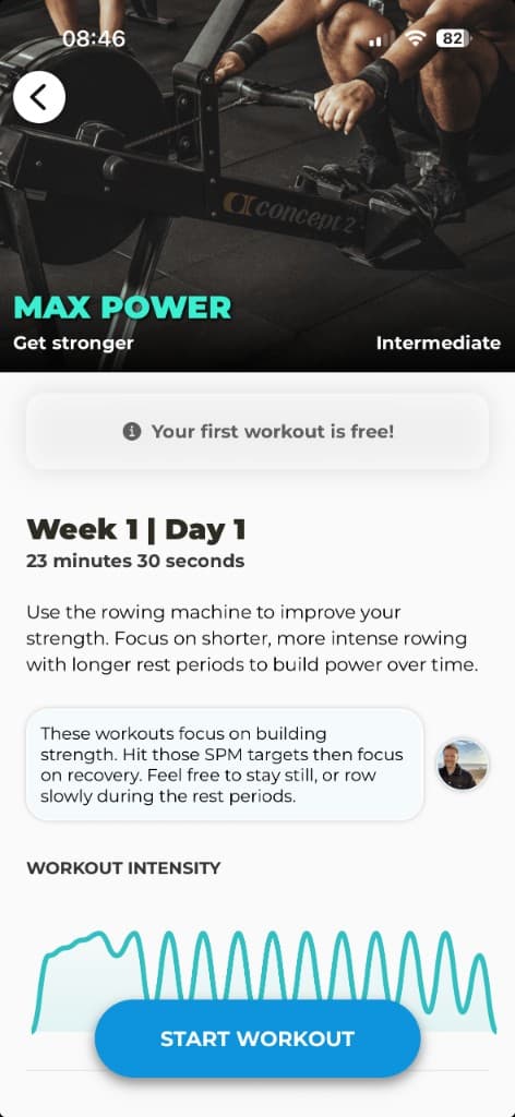 Rowing for strength workout preview showing Week 1 Day 1 Max Power intervals and intensity graph