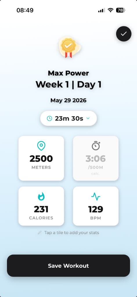 Completed rowing strength workout summary showing distance, split, calories, and heart rate