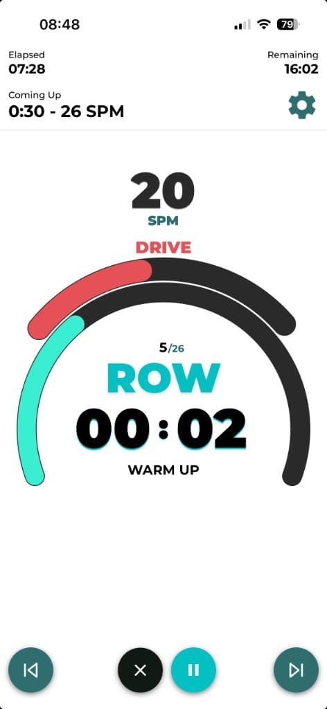 Live rowing strength workout screen with SPM target, interval timer, and drive phase guidance