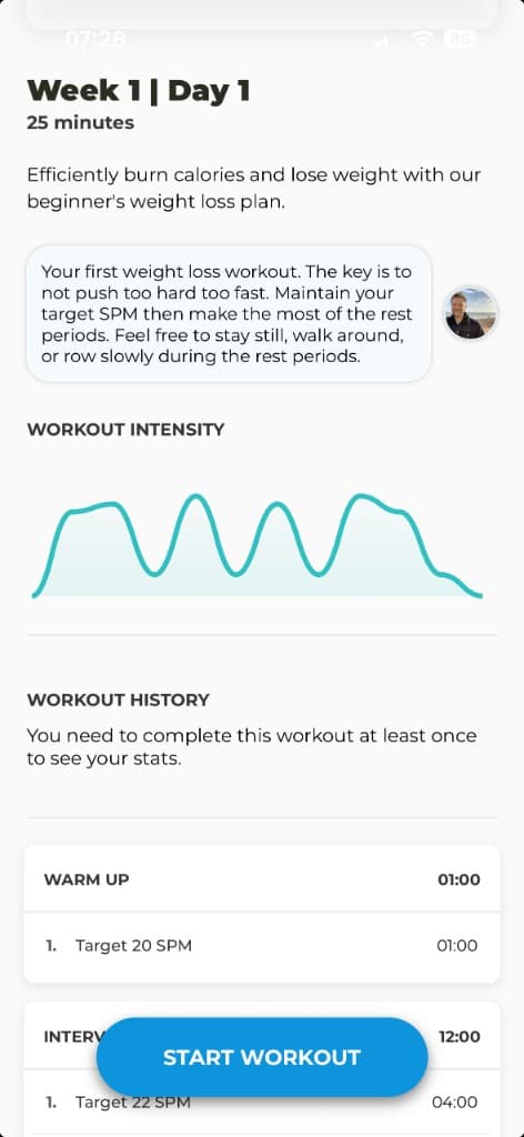 Rowing for weight loss workout preview showing Week 1 Day 1 intervals and intensity graph