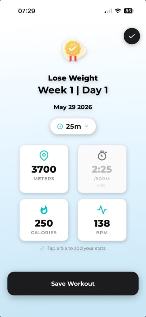 Completed rowing workout summary showing distance, split, calories, and heart rate