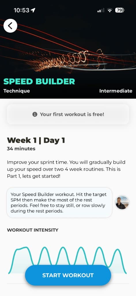 Speed Builder rowing workout preview showing Week 1 schedule and intensity graph