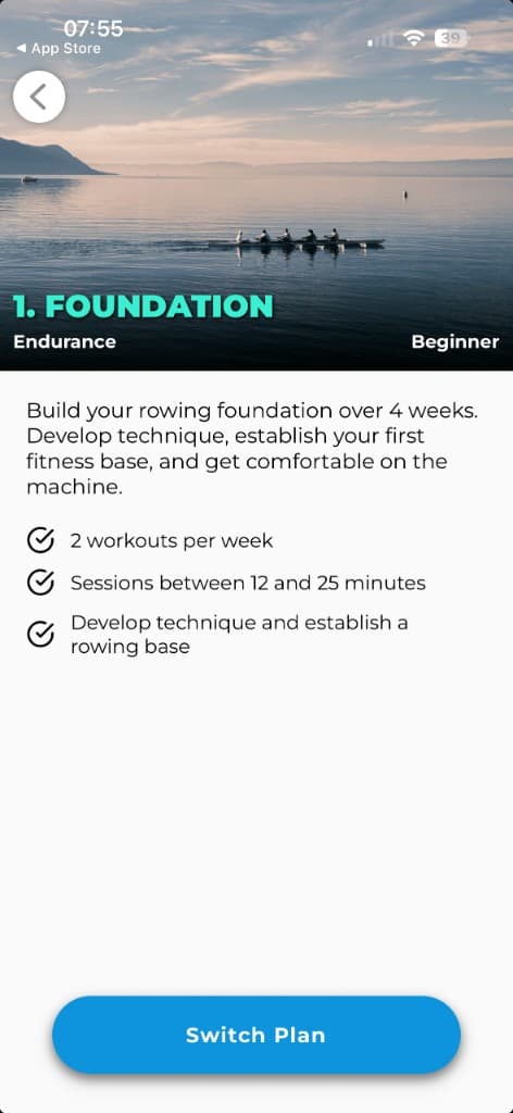 Foundation phase detail screen showing beginner level, two workouts per week, and technique goals