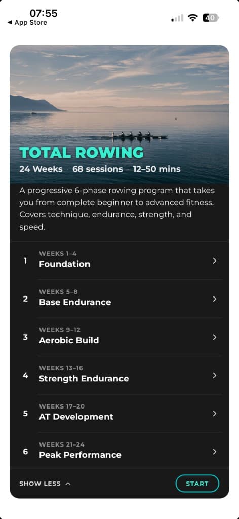Total Rowing program overview listing six phases from Foundation through Peak Performance