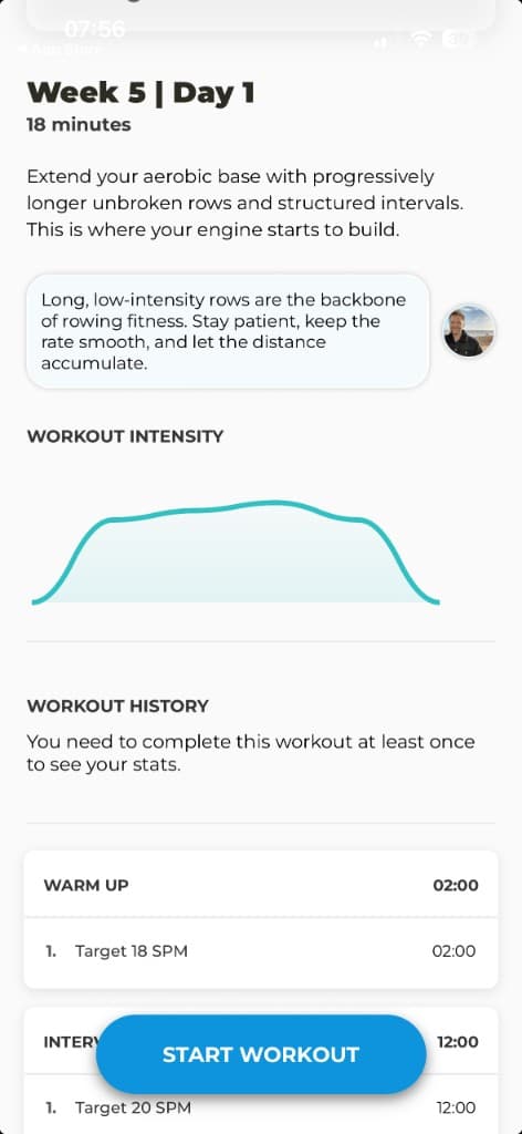 Week 5 Day 1 workout preview with intensity graph, coach tip, warm-up and interval SPM targets