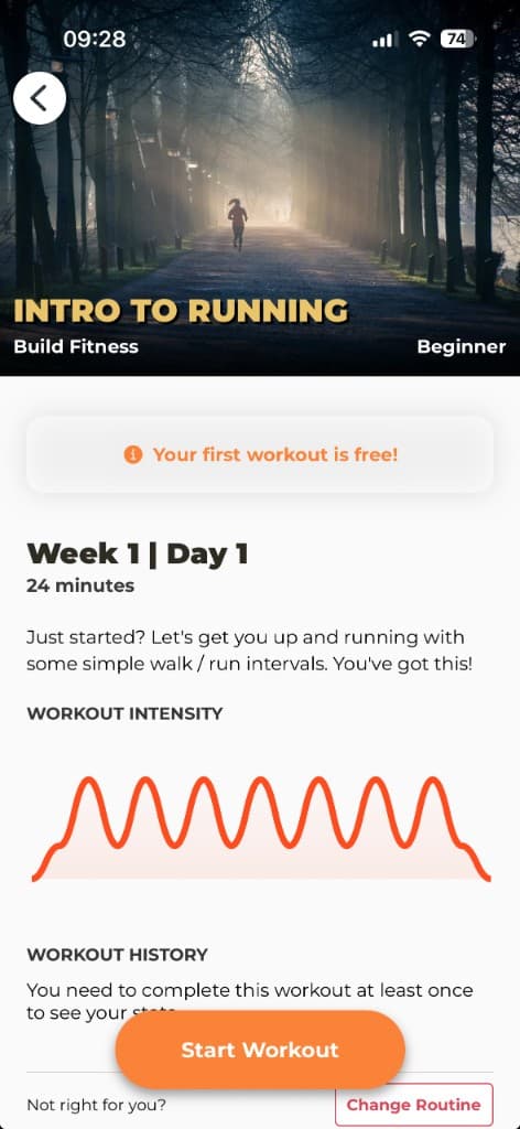 Intro to Running treadmill workout preview showing Week 1 Day 1 walk-run intervals and intensity graph