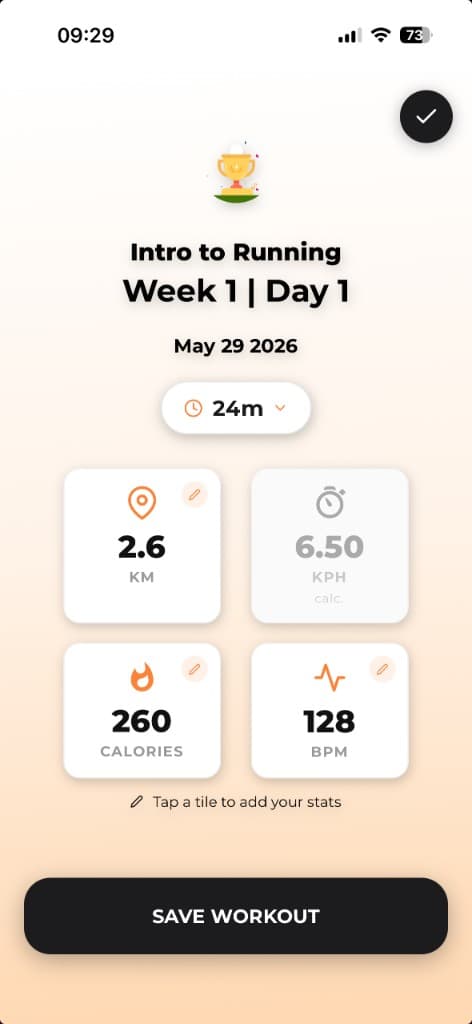 Completed Intro to Running treadmill workout summary showing distance, pace, calories, and heart rate