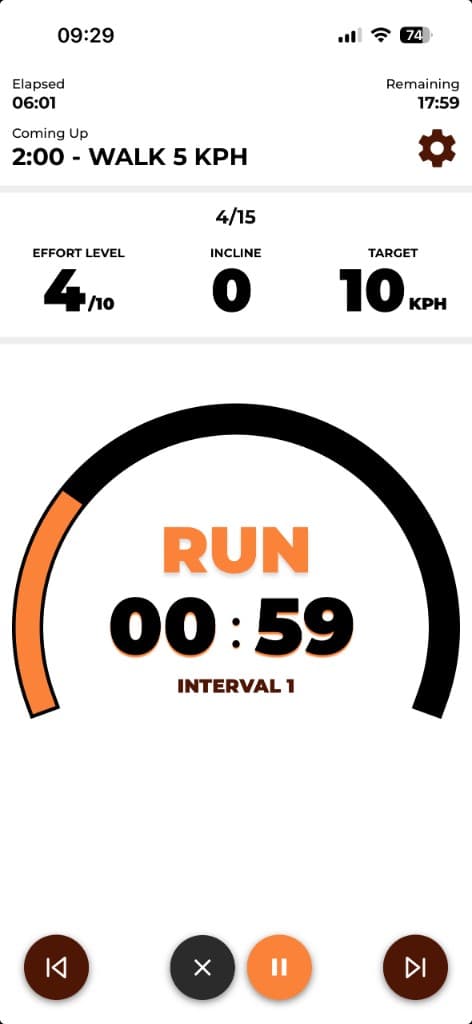 Live Intro to Running treadmill workout showing run interval timer, target speed, and effort level