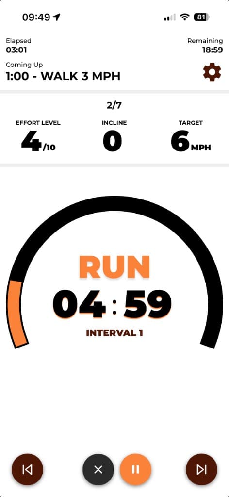 Treadmill interval workout in progress