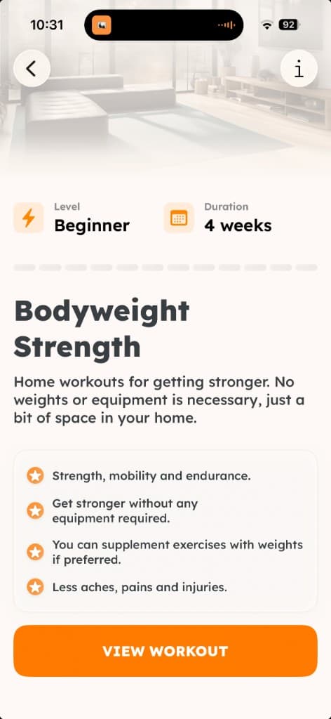 Bodyweight Strength program overview showing beginner level, 4 weeks, and home workout benefits