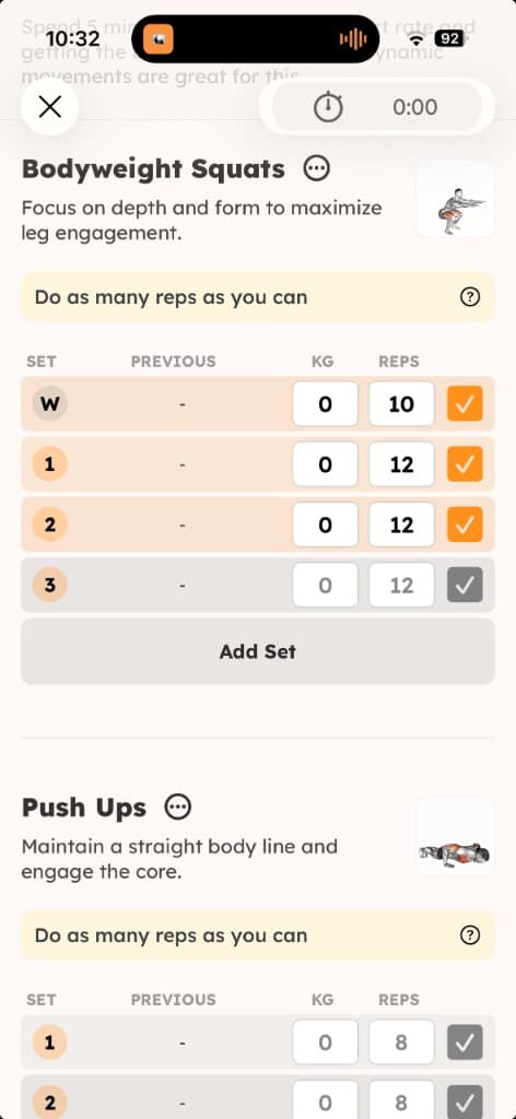 Active bodyweight workout logging squats and push ups with rep targets