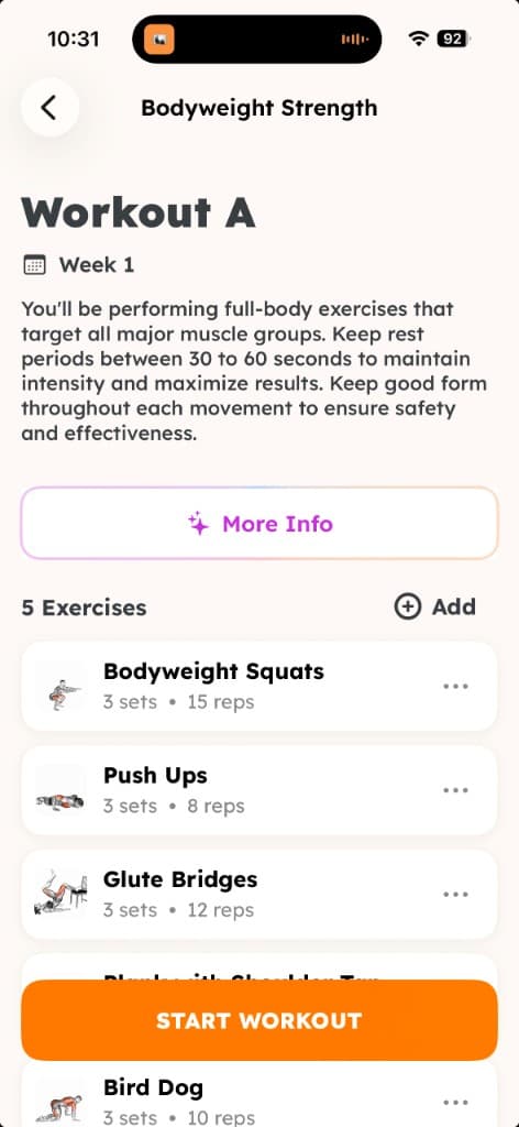 Workout A Week 1 preview with bodyweight squats, push ups, glute bridges, and core exercises