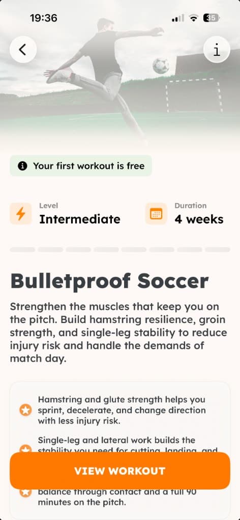 Bulletproof Soccer program detail showing benefits and workout overview