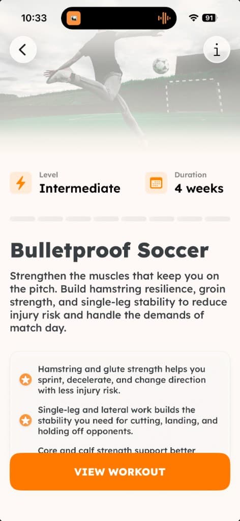 Bulletproof Soccer program overview showing intermediate level, 4 weeks, and training benefits