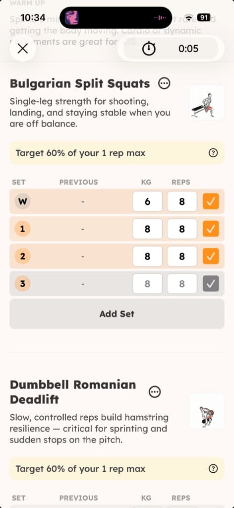 Active Bulletproof Soccer workout tracking Bulgarian split squats and Romanian deadlift sets
