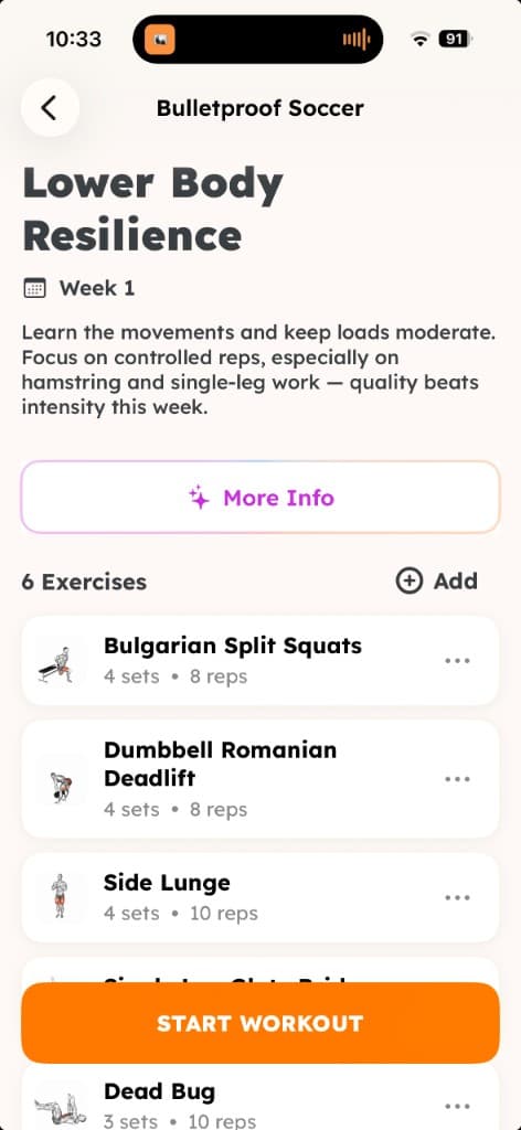 Lower Body Resilience workout preview with exercise list and week 1 label