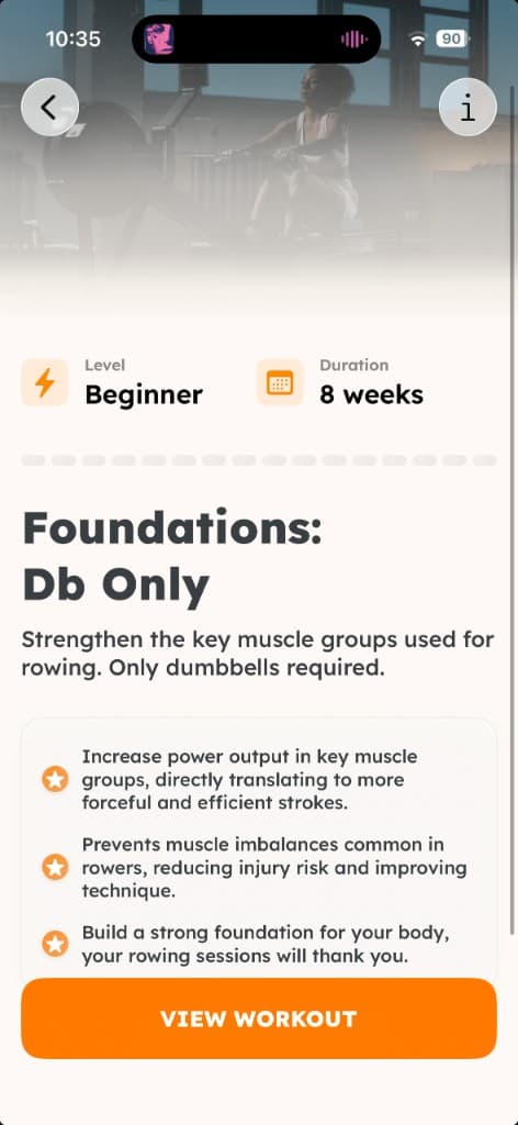 Foundations Db Only program overview showing beginner level, 8 weeks, and rowing strength benefits