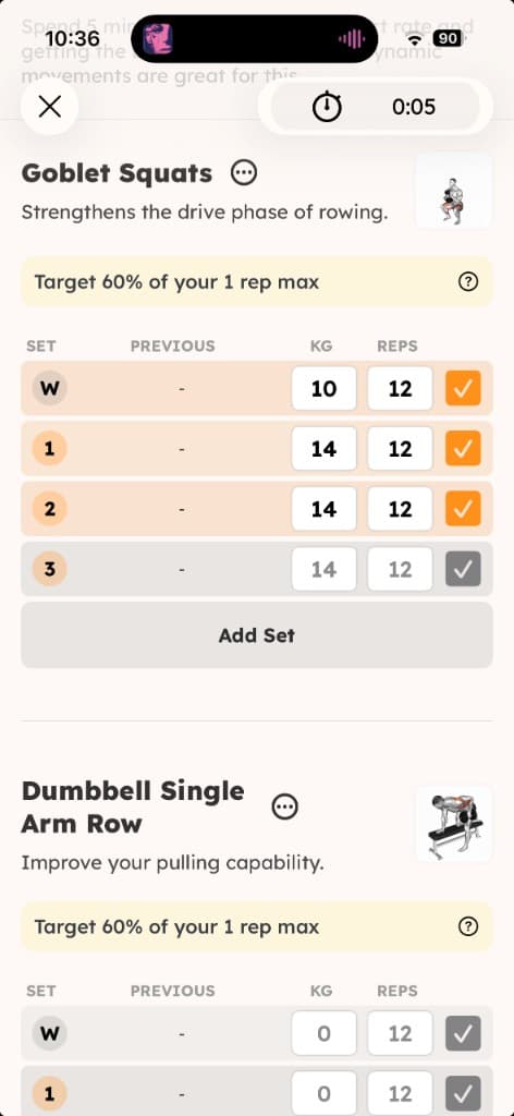 Active workout logging goblet squats and dumbbell single arm rows with set tracking