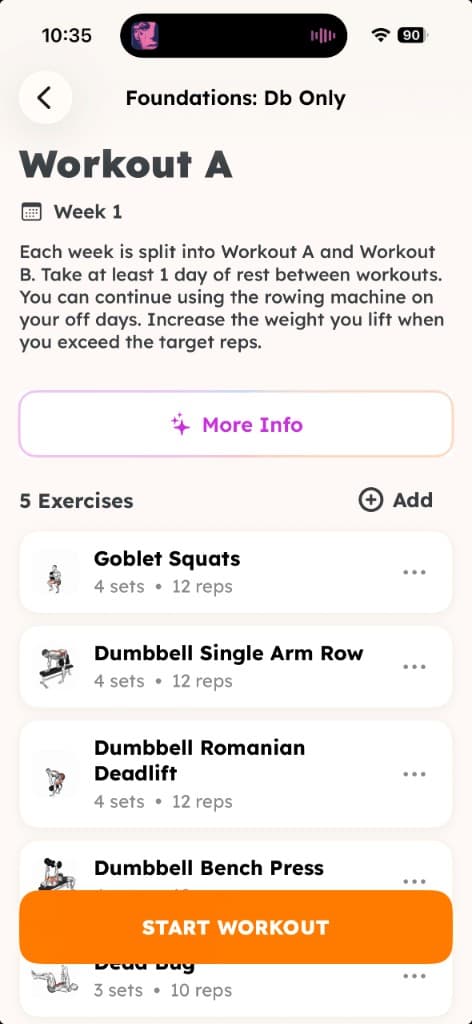 Workout A Week 1 preview with goblet squats, rows, RDL, bench press, and dead bugs