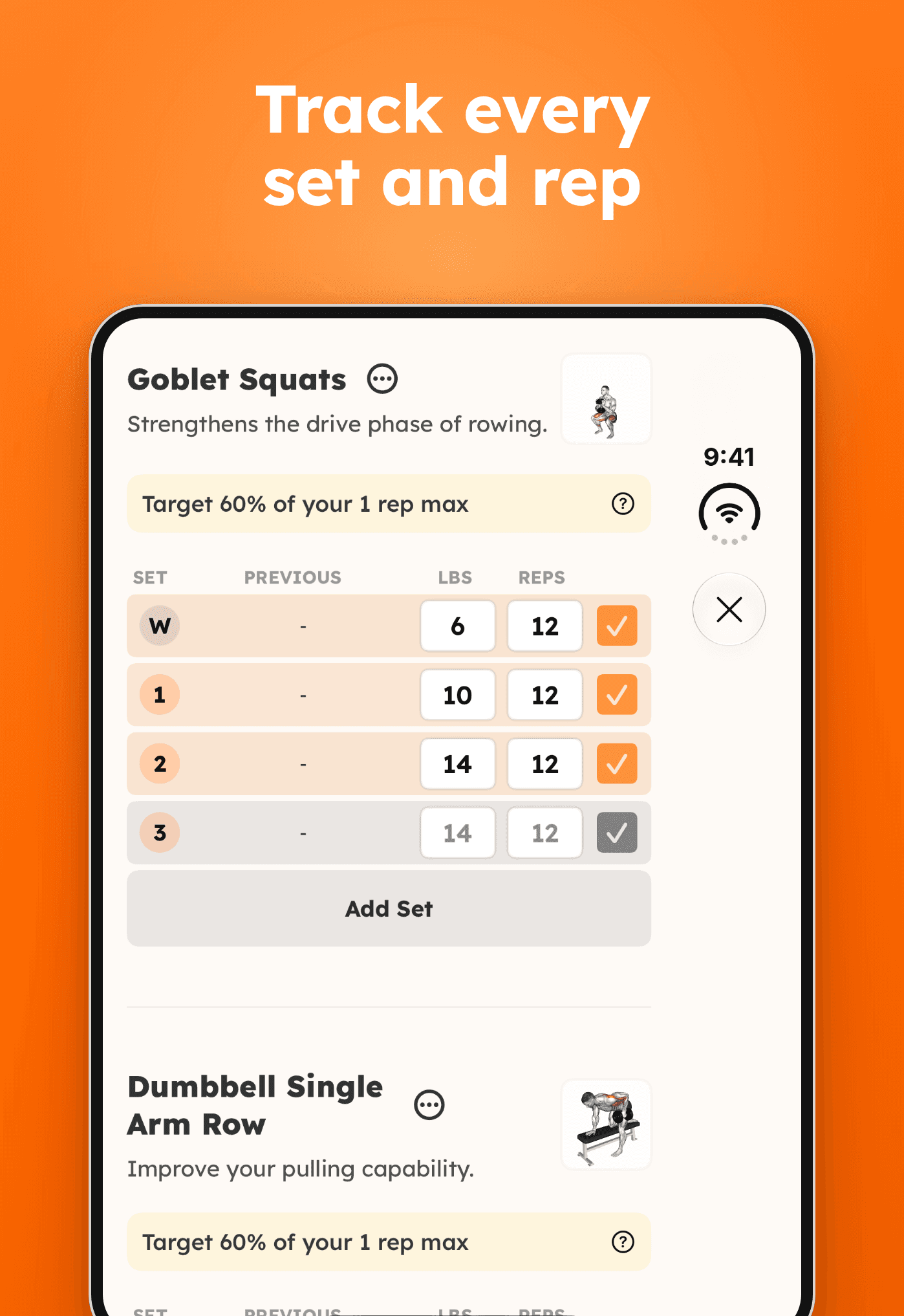 Outer screen logging Goblet Squats, with weight and reps for a warm-up and three working sets, three of them ticked off