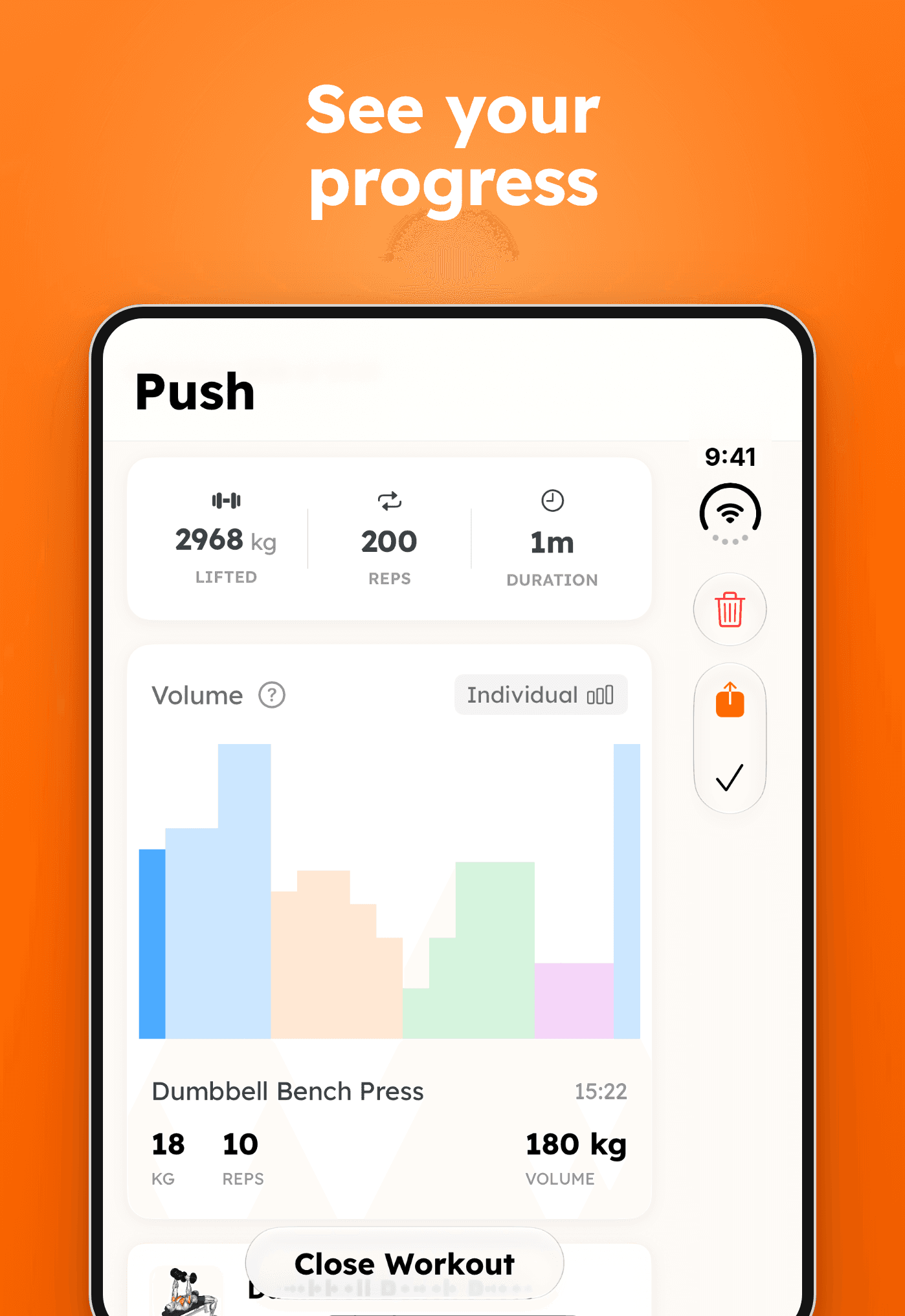 Outer screen showing a finished Push workout summary with total kilograms lifted, reps, duration and a volume chart