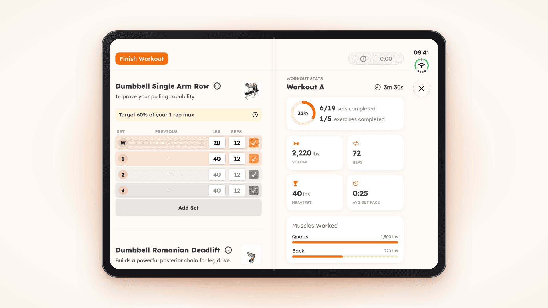 iPhone Duo unfolded during a workout: the left screen logs Dumbbell Single Arm Row sets with weight and reps, the right screen shows live stats including 32% complete, total volume, reps, heaviest lift and muscles worked