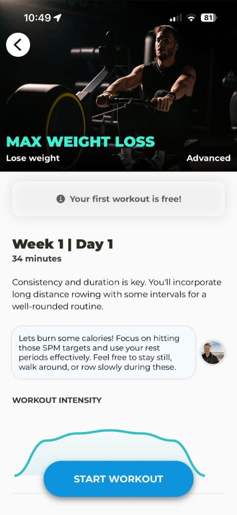Max Weight Loss rowing workout preview showing Week 1 schedule and intensity graph