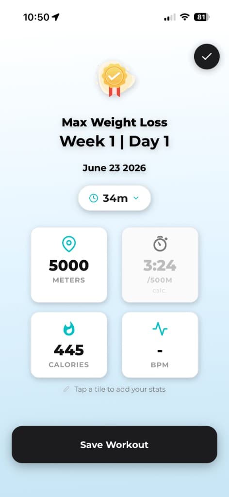 Completed rowing workout summary showing distance, split, calories, and heart rate