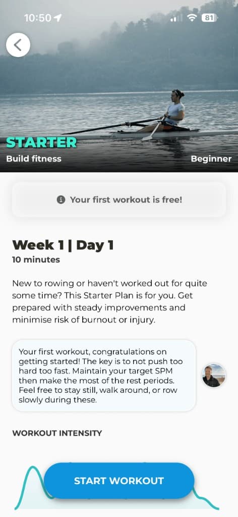 Starter rowing plan preview in Rowing Machine Workouts showing Week 1 Day 1 and a coaching note
