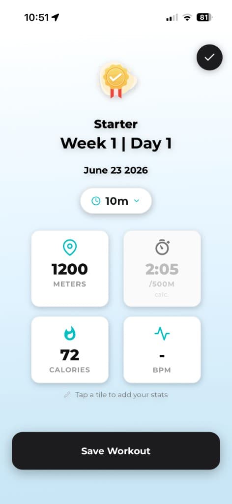 Workout summary screen with tiles to add metres, pace, calories and heart rate