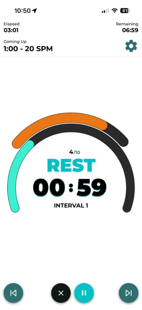Rowing interval screen showing a rest countdown, interval number and the next stroke rate target